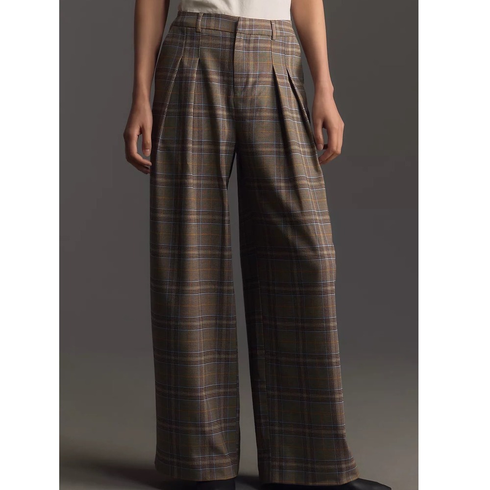 Anthropologie Maeve Avery Elastic Back Trousers Pleated Plaid Wide Leg - Large
